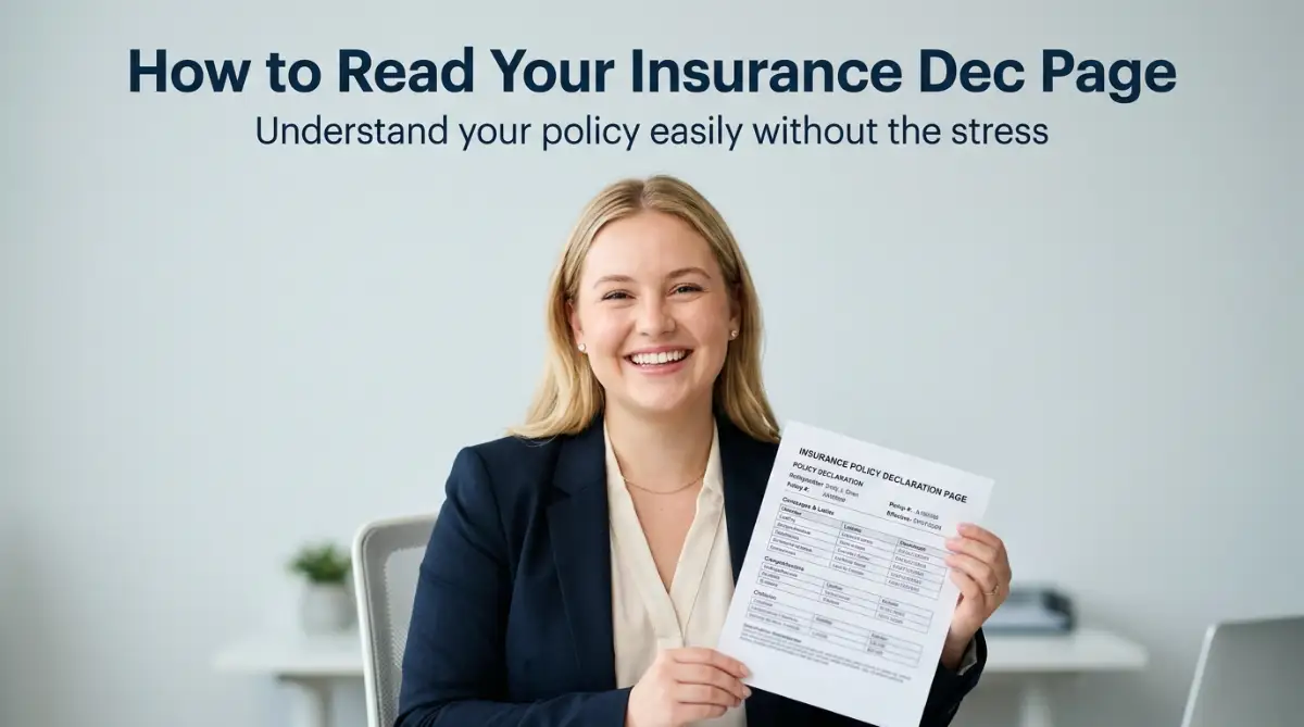 A young woman gladly reading her insurance policy declaration page after learning how to understand the layout and coverage details.