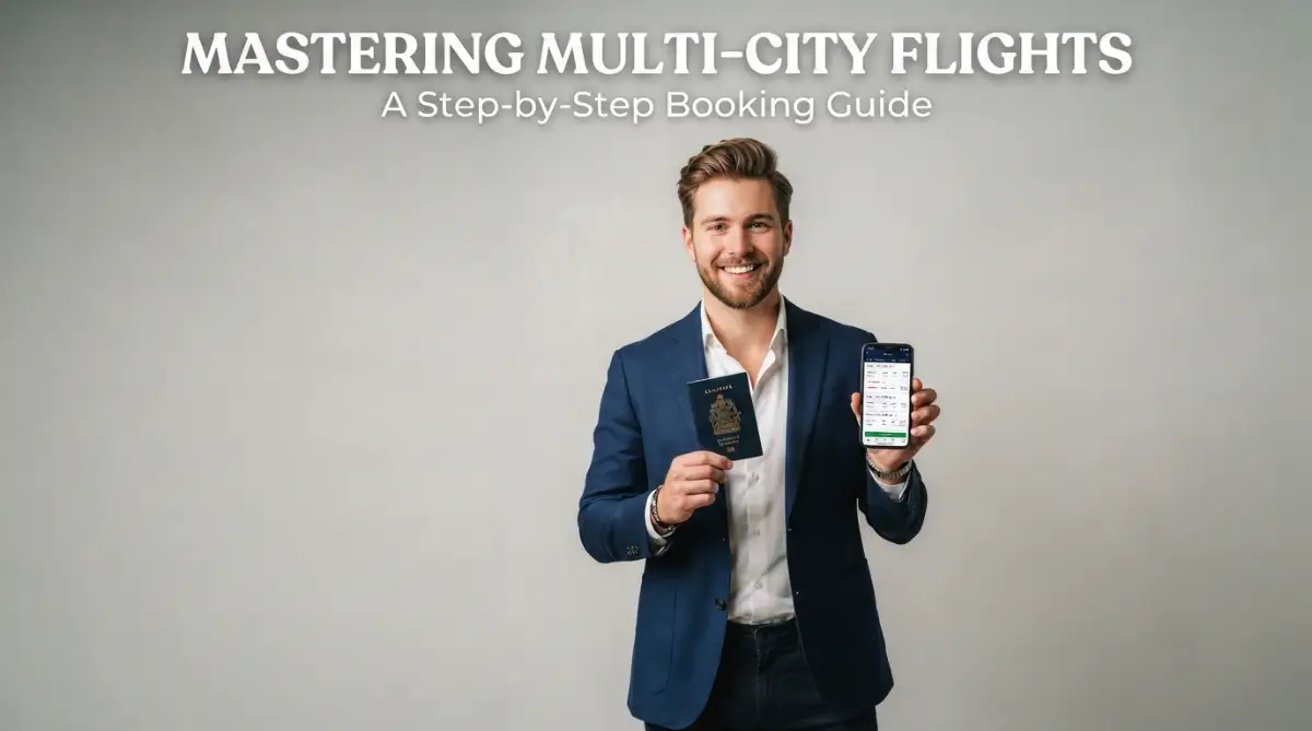 A smiling fair-skinned male traveler with a attractive face holding a passport and phone, showing how to book multi-city flights step by step.