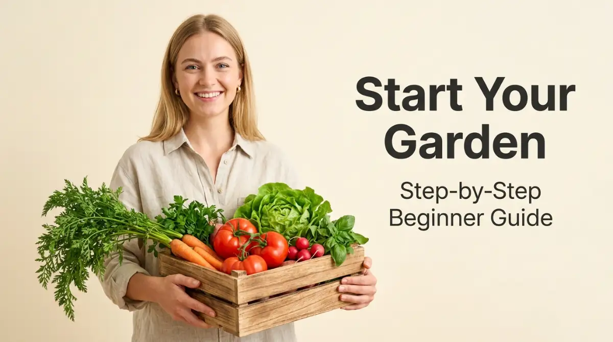 A cheerful young woman holding a wooden tray of fresh organic vegetables in a bright backyard garden, demonstrating how to start a backyard vegetable garden with zero experience.