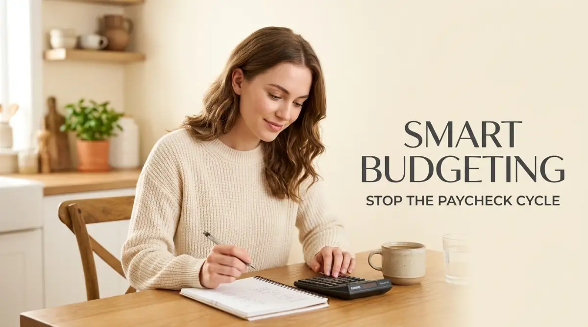 A thoughtful young woman planning her monthly household expenses with a notepad, showing how to create a personal budget when living paycheck to paycheck.