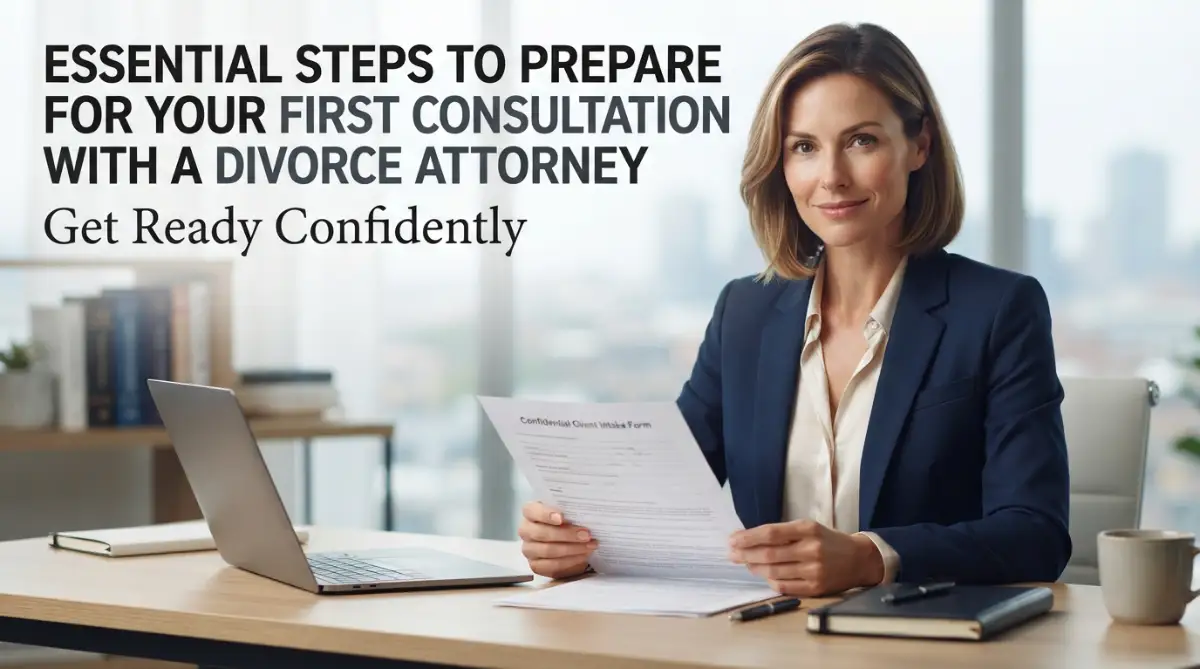A confident woman reviewing legal documents, representing the essential steps to prepare for your first consultation with a divorce attorney.