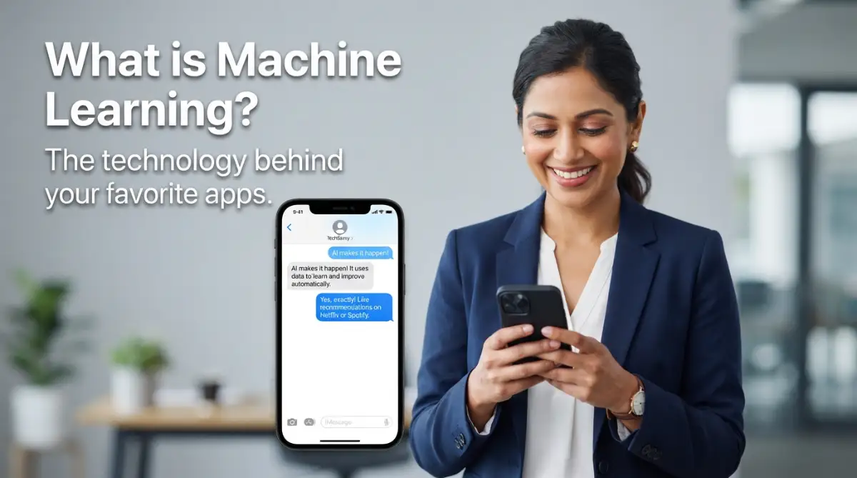 A smiling professional female model holding a smartphone that displays a smart app interface, demonstrating how machine learning works in everyday life.