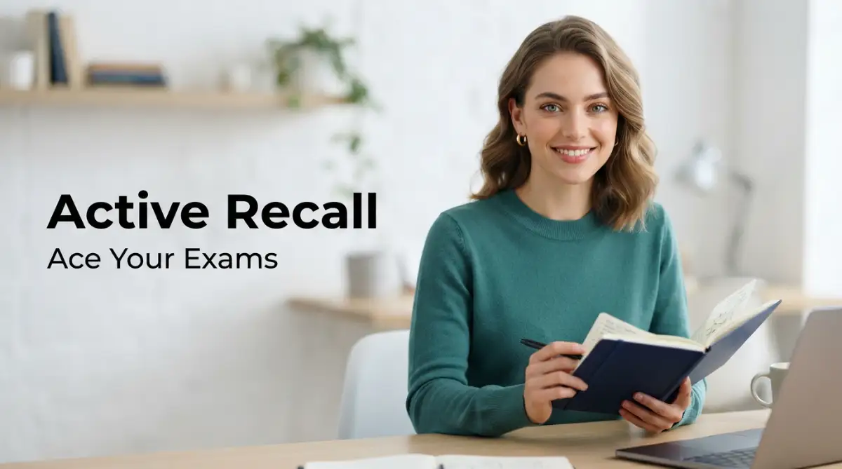A confident female student holding a notebook to demonstrate the active recall method to help you study effectively and ace your exams.