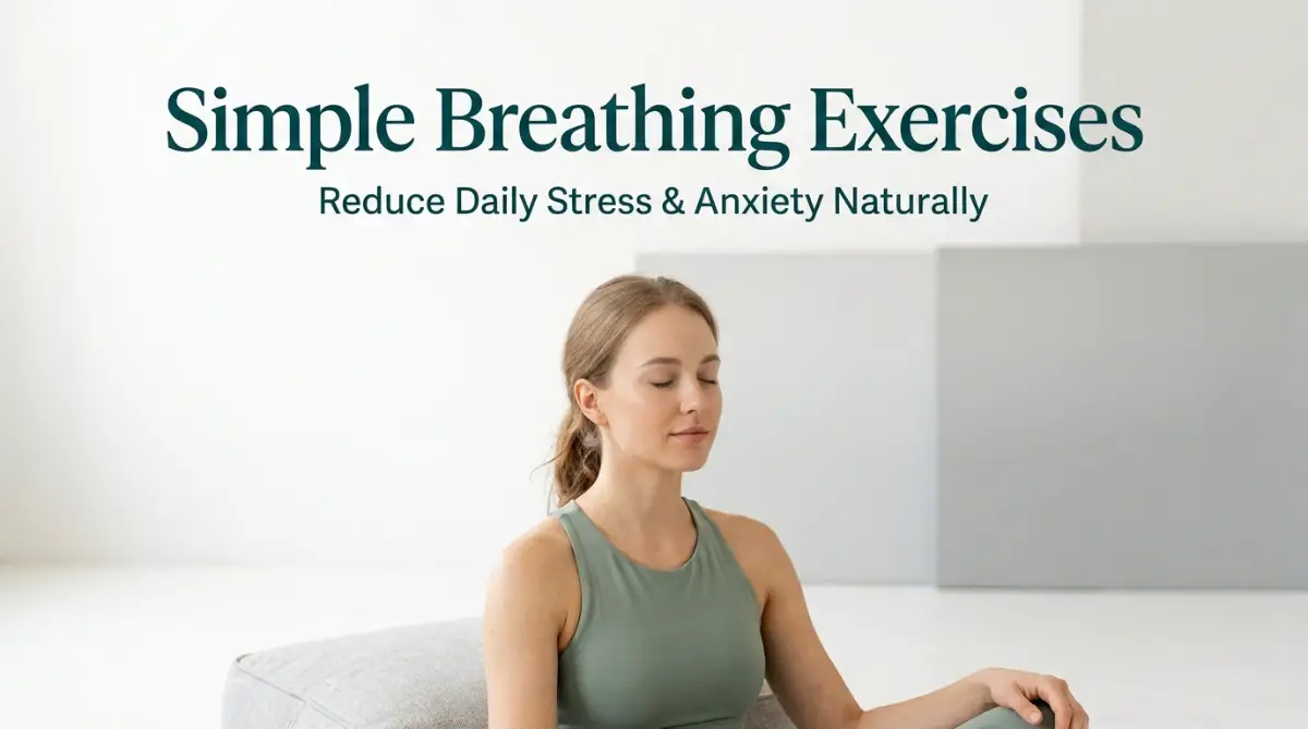 A relaxed and peaceful woman practicing simple breathing exercises for stress to naturally calm her mind and reduce daily anxiety.