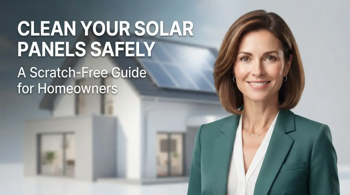 A friendly female model standing in front of a modern home with clean solar panels, showing how to clean solar panels safely without scratching.