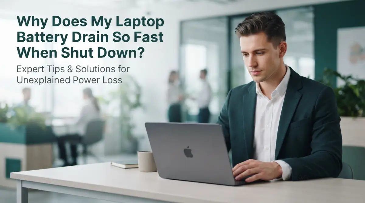 A modern laptop on a desk showing a low battery warning, illustrating the hidden background power drains that occur even when the device is turned off.