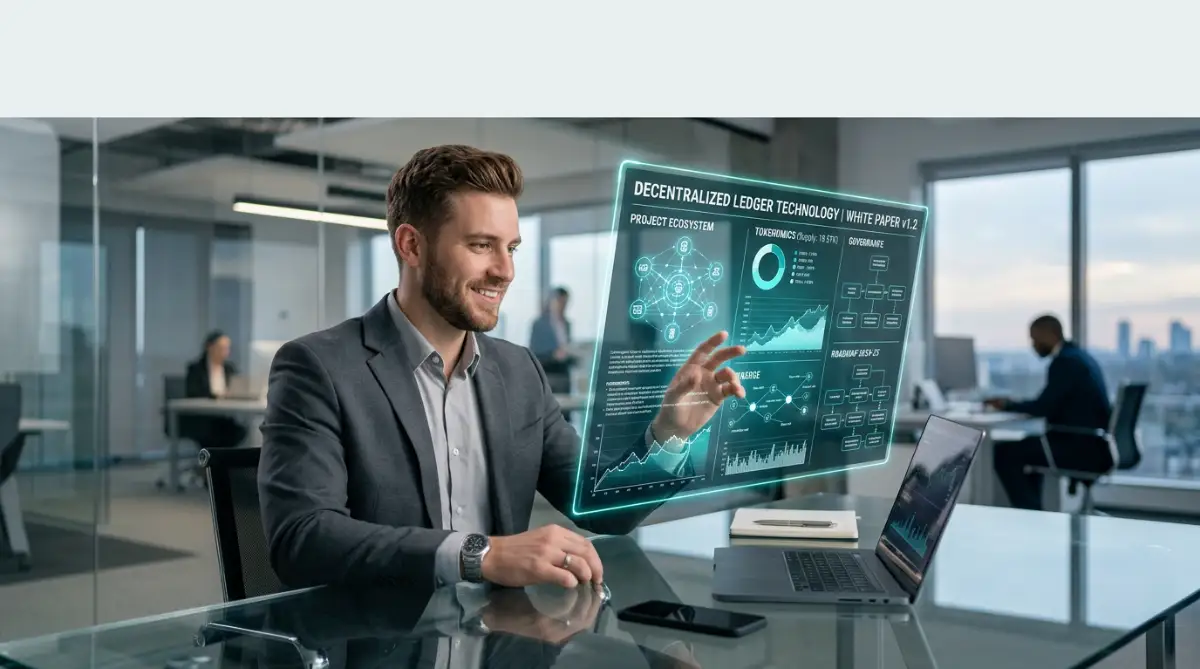 A smart young male investor is carefully evaluating a cryptocurrency whitepaper hologram on his desk to make safe investment decisions.