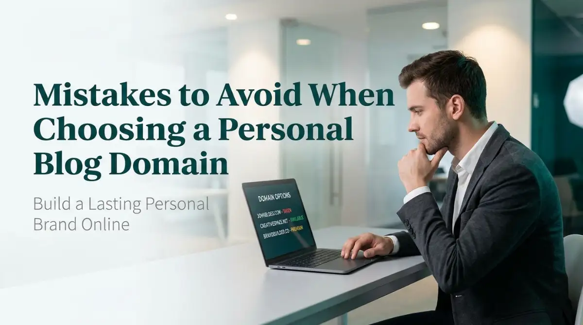 A smart young male blogger analyzing domain name choices on a laptop, illustrating common mistakes to avoid when picking a domain name for a personal blog